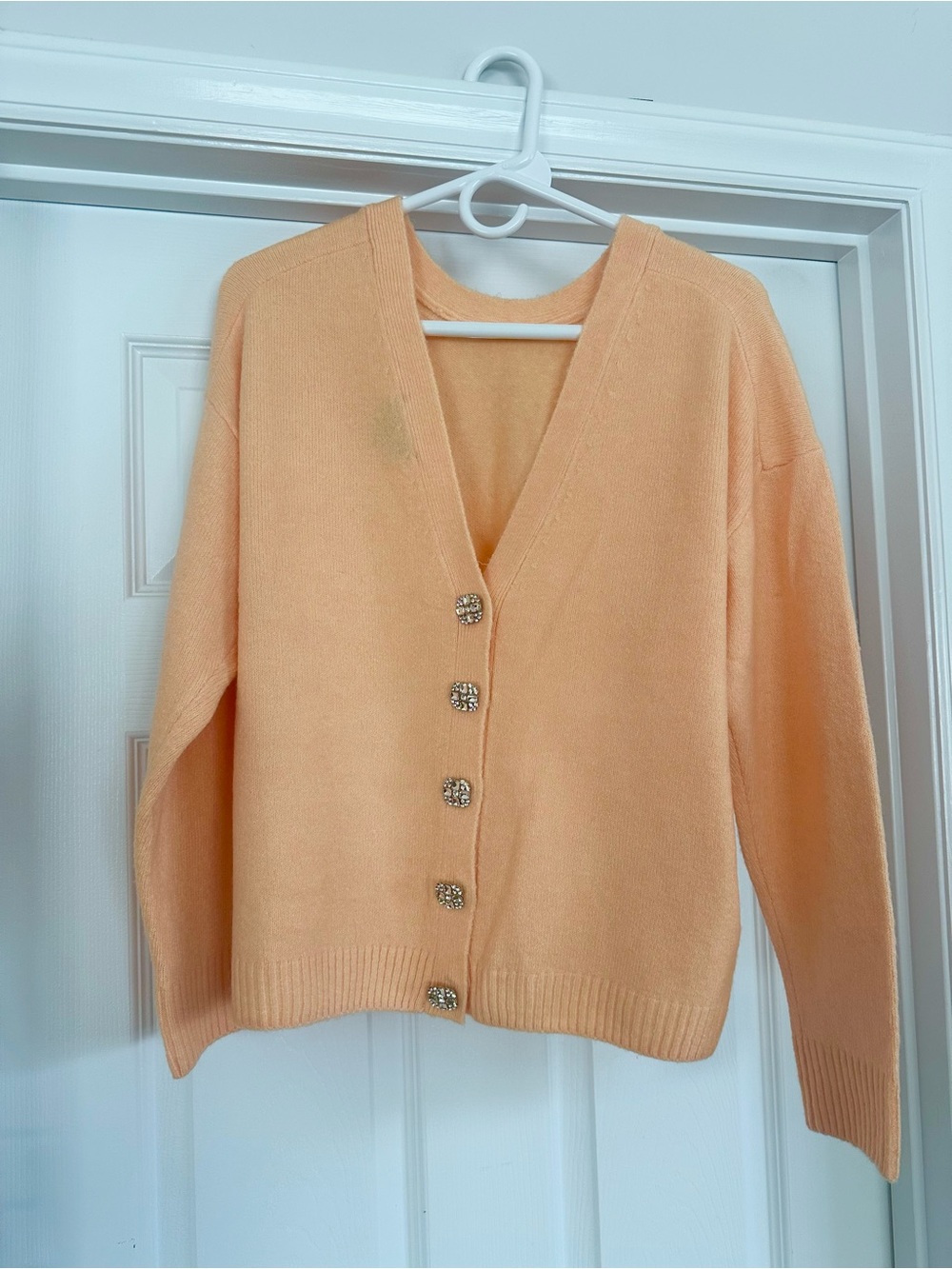CeCe Peach Apricot V-Neck Button-Up Sweater, Open Back Option Decorative Detail